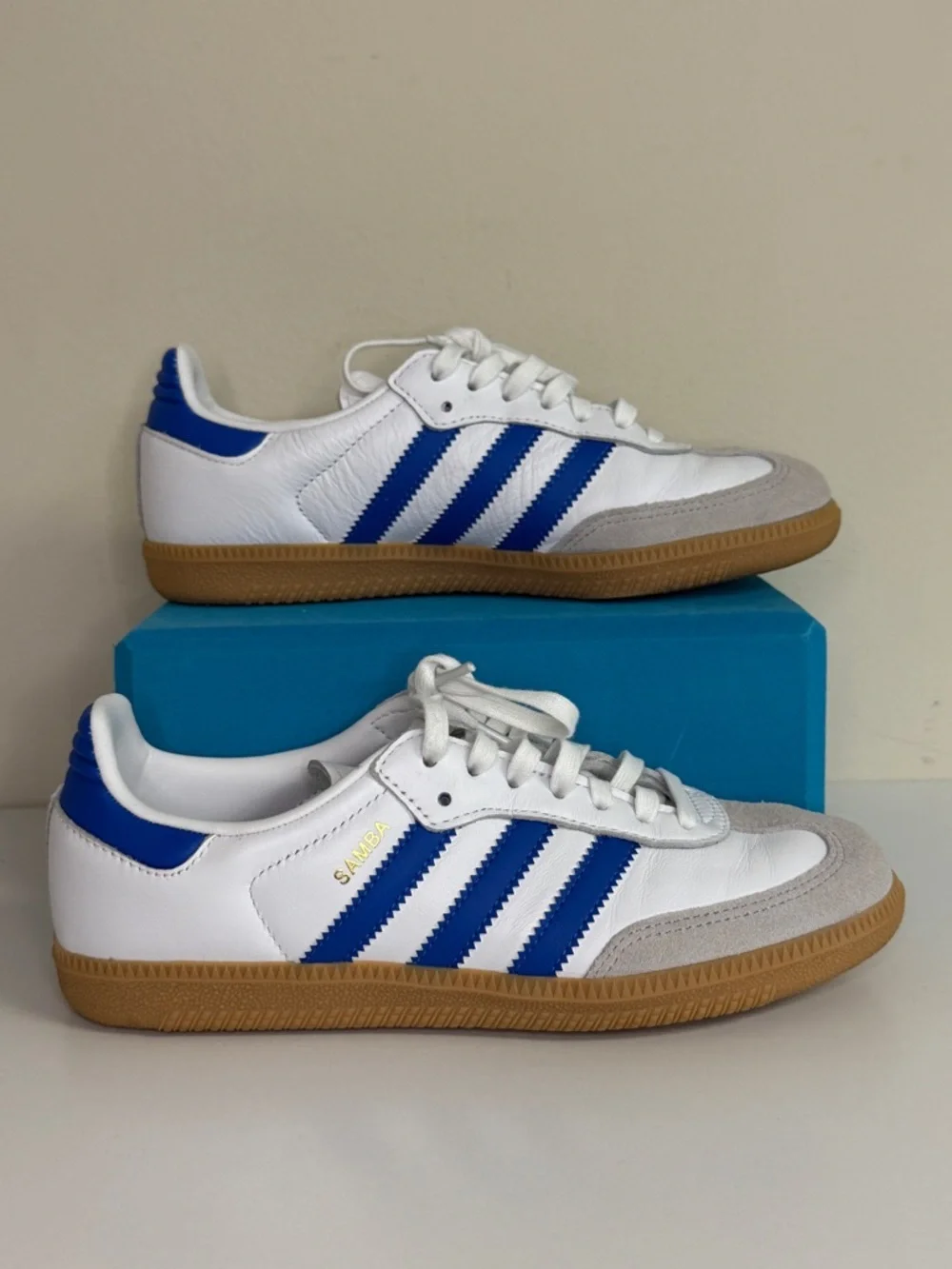 Adidas: Kids' Grade School Samba OG Shoes, Blue / White / Gum Sole, Size Y4.5